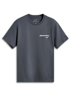 Alpinestars No Barrier CSF Tee, Short Sleeve T-Shirt, Charcoal Grey, Small white text logo with mint green star on the chest, Casual motorsport-inspired streetwear