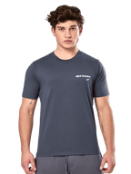 Alpinestars No Barrier CSF Tee, Short Sleeve T-Shirt, Charcoal, white Alpinestars logo with a teal star on the chest, casual motorsport streetwear