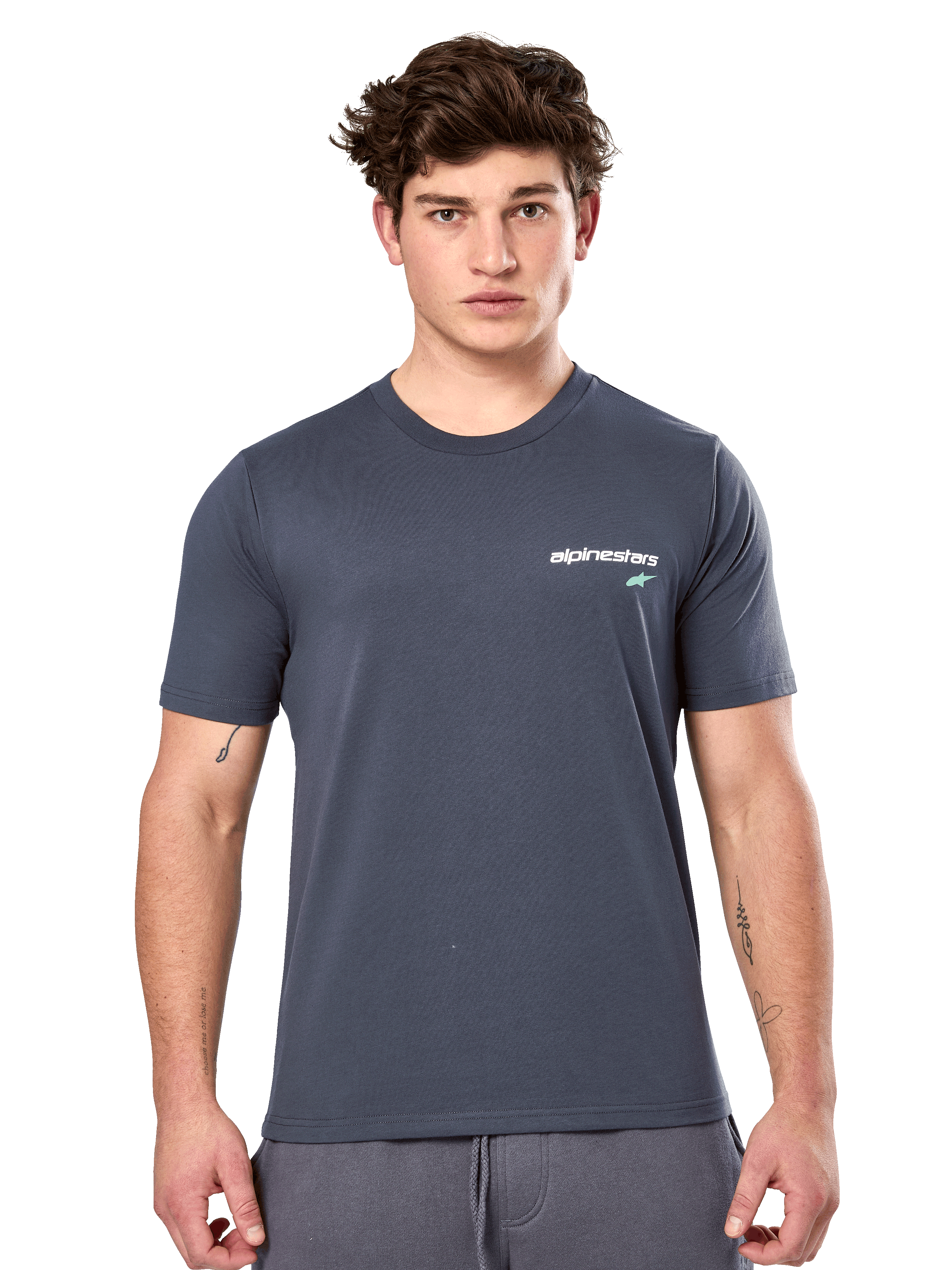 Alpinestars No Barrier CSF Tee, Short Sleeve T-Shirt, Charcoal, white Alpinestars logo with a teal star on the chest, casual motorsport streetwear
