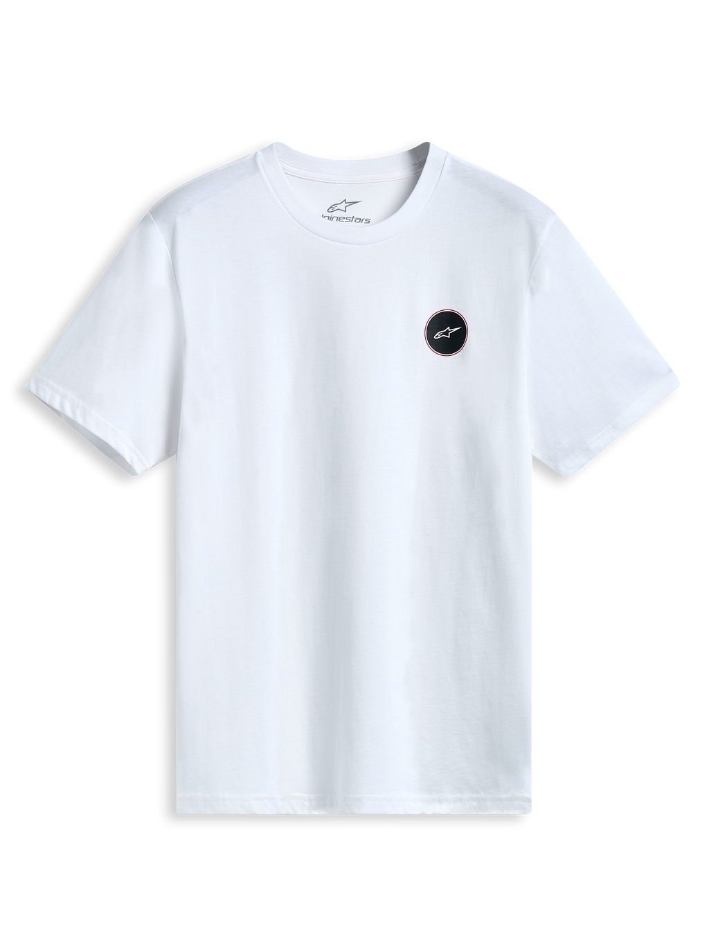 Alpinestars Dot Carbon Csf Tee, biała koszulka z krótkim rękawem, okrągłe logo z motywem włókna węglowego astars na piersi, casualowa odzież sportowa