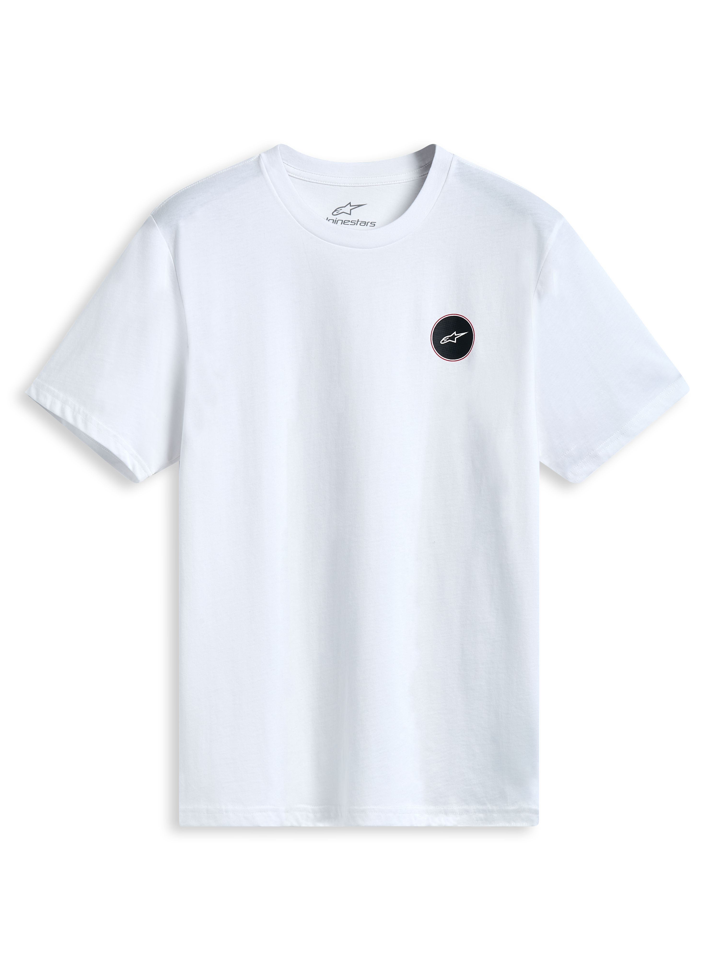 Alpinestars Dot Carbon Csf Tee, biała koszulka z krótkim rękawem, okrągłe logo z motywem włókna węglowego astars na piersi, casualowa odzież sportowa