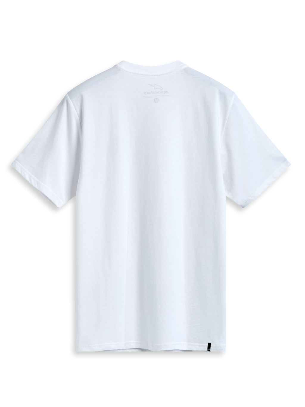 Alpinestars T-Shirt Dot Carbon Csf, biała koszulka z krótkim rękawem, widok z tyłu przedstawiający wewnętrzny nadruk na karku i zewnętrzne etykietowanie