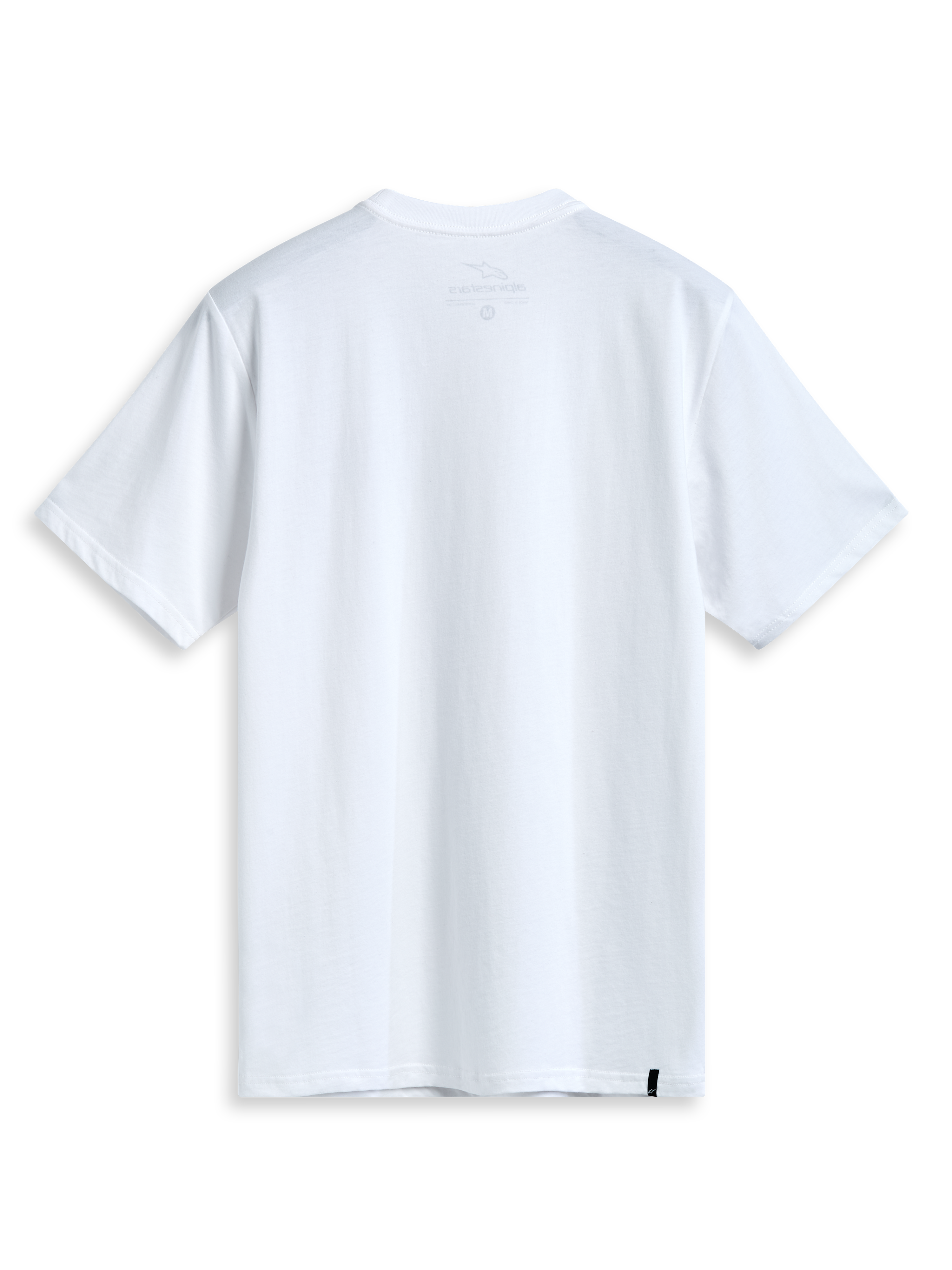 Alpinestars T-Shirt Dot Carbon Csf, biała koszulka z krótkim rękawem, widok z tyłu przedstawiający wewnętrzny nadruk na karku i zewnętrzne etykietowanie
