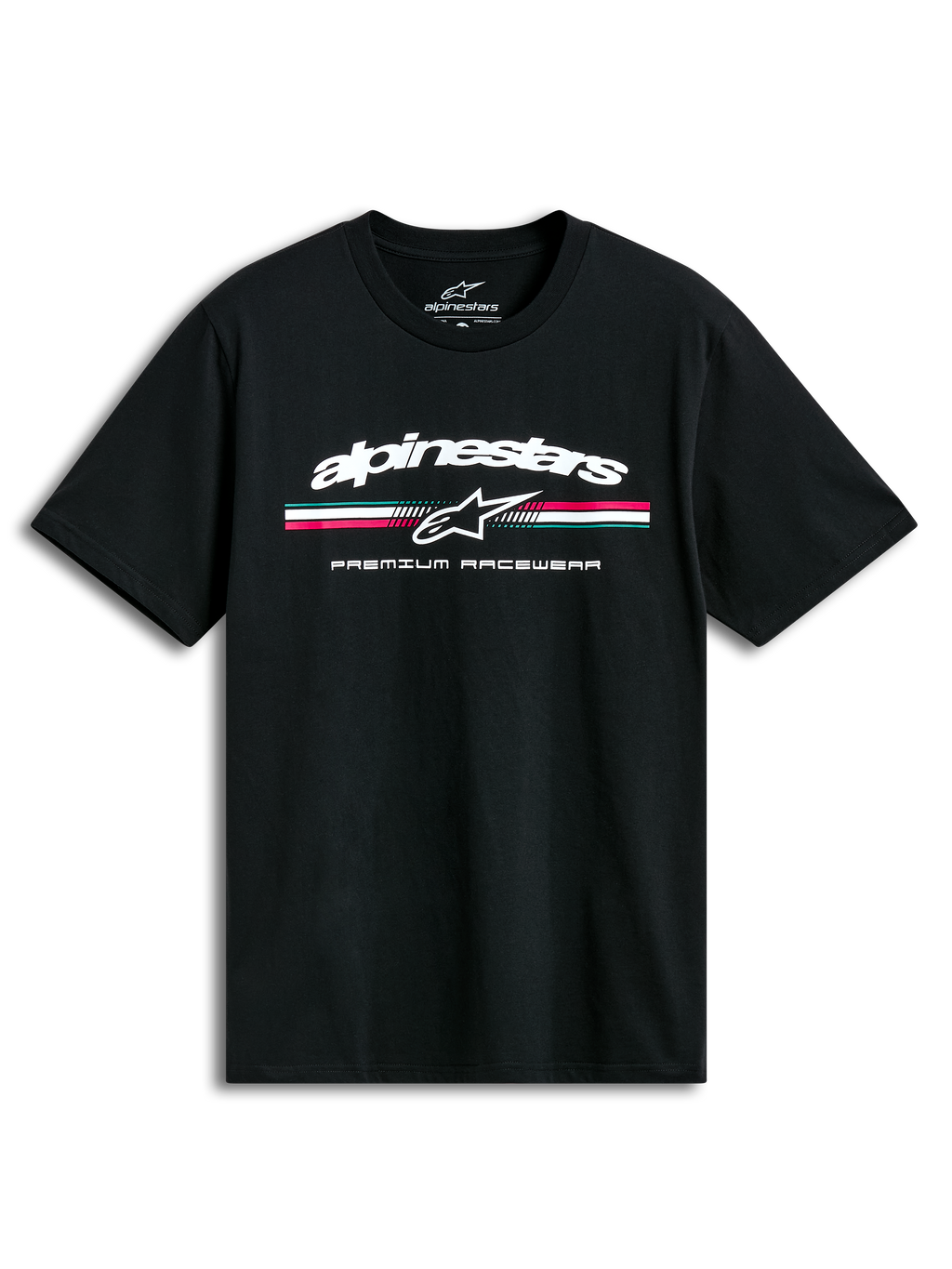 Alpinestars T-Shirt Prevail CSF, czarna koszulka z krótkim rękawem, przednie logo z trzema kolorowymi paskami w stylu paddock i napisem Premium Racewear