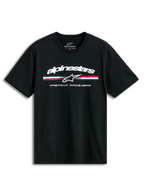 Alpinestars T-Shirt Prevail CSF, czarna koszulka z krótkim rękawem, przednie logo z trzema kolorowymi paskami w stylu paddock i napisem Premium Racewear