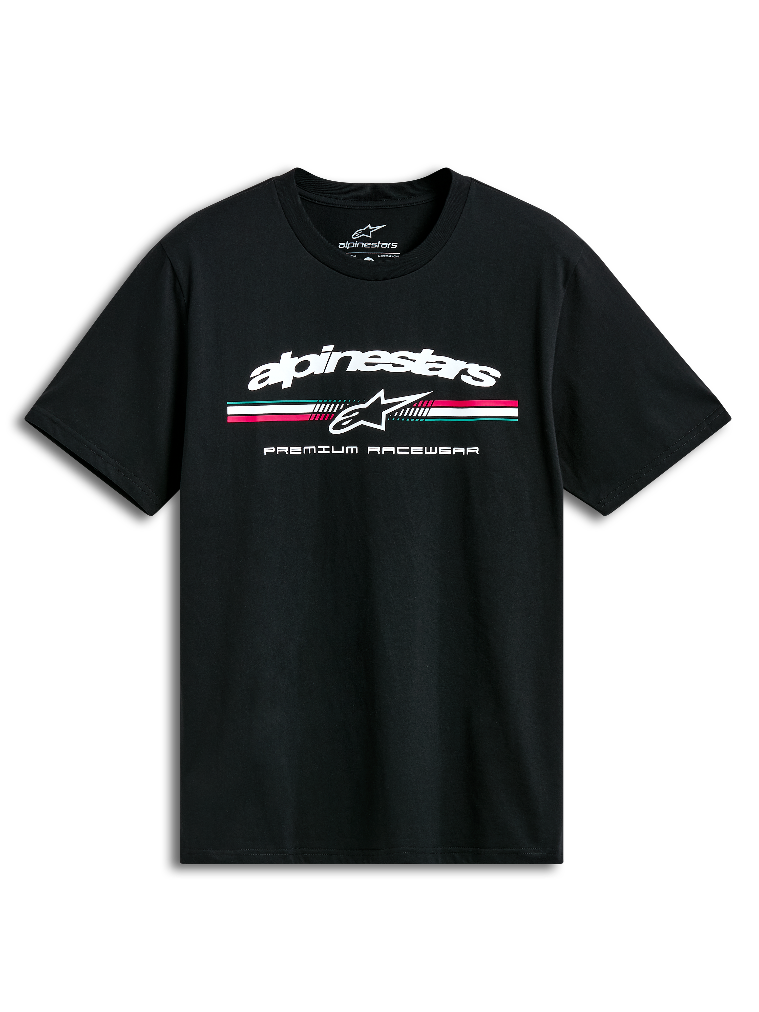 Alpinestars T-Shirt Prevail CSF, czarna koszulka z krótkim rękawem, przednie logo z trzema kolorowymi paskami w stylu paddock i napisem Premium Racewear