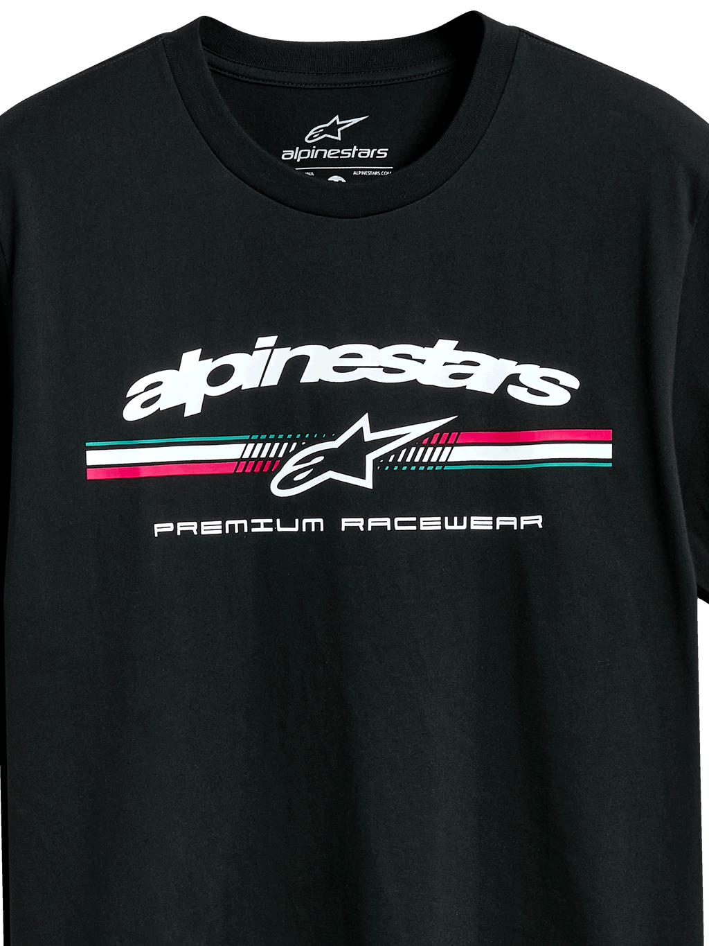 Alpinestars Prevail CSF Tee, koszulka z krótkim rękawem, czarna, białe logo Alpinestars z trójkolorowym paskiem w kolorach morskim, różowym i białym, grafika Premium Racewear, codzienna odzież sportowa w stylu motorsport