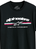 Alpinestars Prevail CSF Tee, koszulka z krótkim rękawem, czarna, białe logo Alpinestars z trójkolorowym paskiem w kolorach morskim, różowym i białym, grafika Premium Racewear, codzienna odzież sportowa w stylu motorsport