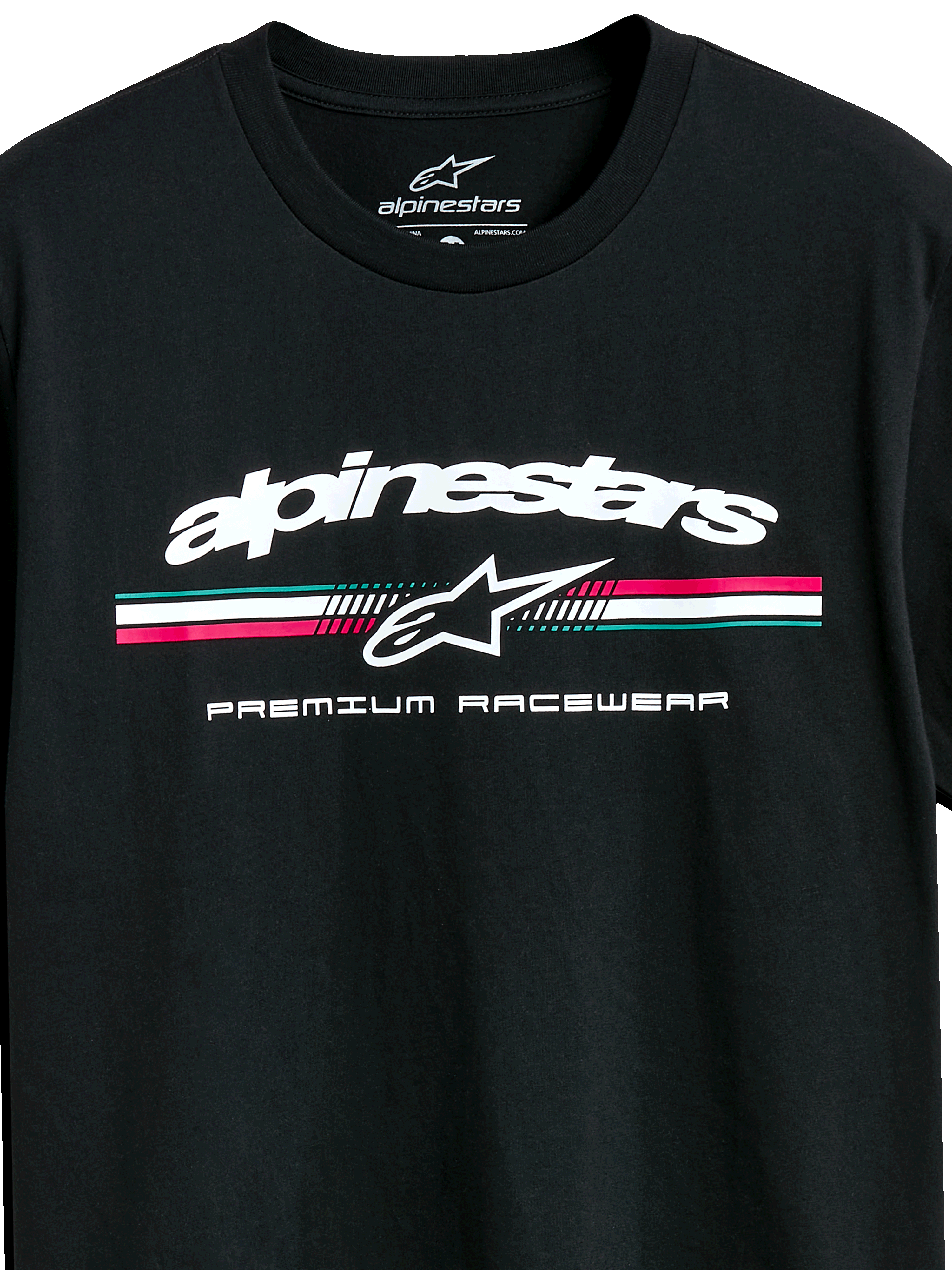 Alpinestars Prevail CSF Tee, koszulka z krótkim rękawem, czarna, białe logo Alpinestars z trójkolorowym paskiem w kolorach morskim, różowym i białym, grafika Premium Racewear, codzienna odzież sportowa w stylu motorsport