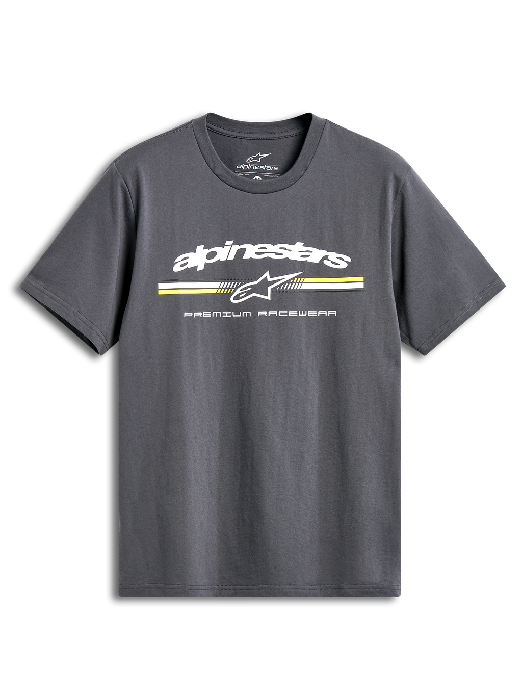 Alpinestars Prevail Csf T-Shirt, ciemnoszara koszulka z krótkim rękawem, trójkolorowy pas w stylu paddock z logo na piersi, miękki nadruk
