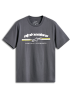 Alpinestars Prevail Csf T-Shirt, ciemnoszara koszulka z krótkim rękawem, trójkolorowy pas w stylu paddock z logo na piersi, miękki nadruk