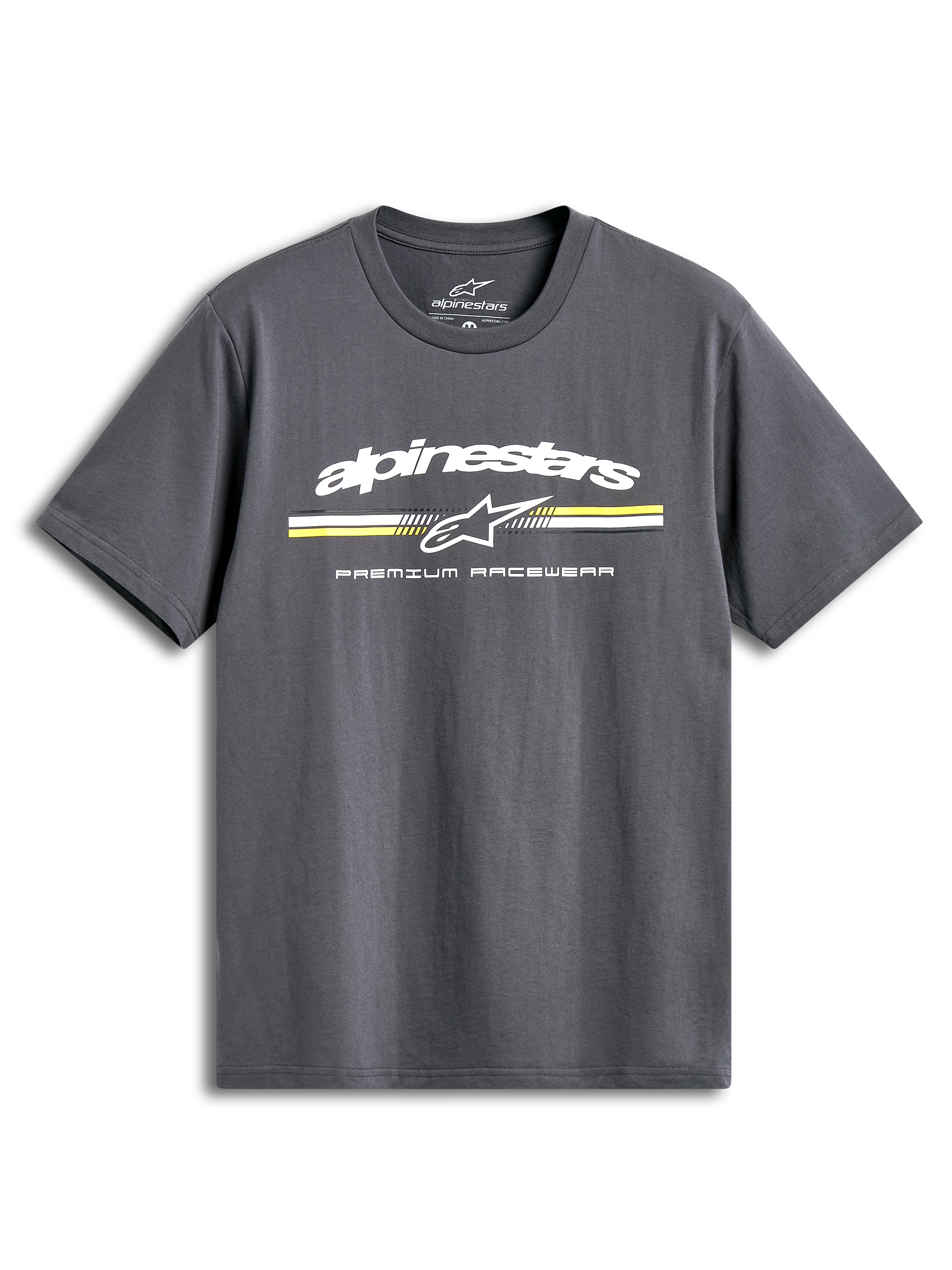Alpinestars Prevail Csf T-Shirt, ciemnoszara koszulka z krótkim rękawem, trójkolorowy pas w stylu paddock z logo na piersi, miękki nadruk