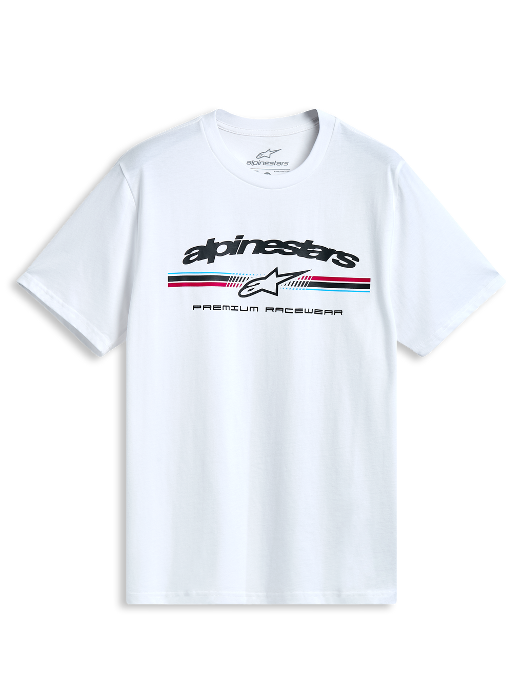Alpinestars T-Shirt Prevail CSF, biała koszulka z krótkim rękawem, z przodu logo z trzema kolorowymi paskami w stylu paddock oraz napis PREMIUM RACEWEAR, casualowa odzież sportowa