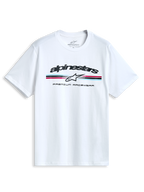 Alpinestars T-Shirt Prevail CSF, biała koszulka z krótkim rękawem, z przodu logo z trzema kolorowymi paskami w stylu paddock oraz napis PREMIUM RACEWEAR, casualowa odzież sportowa