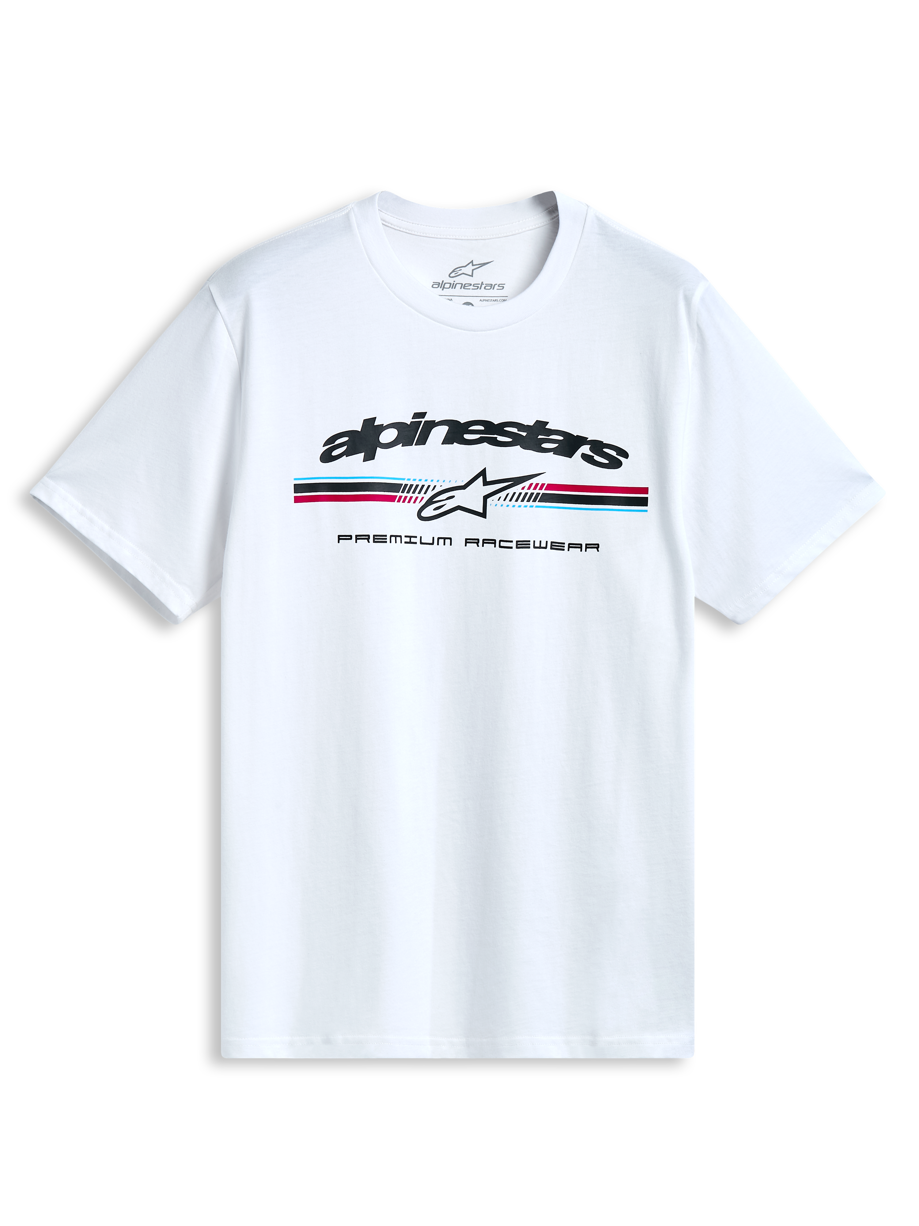 Alpinestars T-Shirt Prevail CSF, biała koszulka z krótkim rękawem, z przodu logo z trzema kolorowymi paskami w stylu paddock oraz napis PREMIUM RACEWEAR, casualowa odzież sportowa