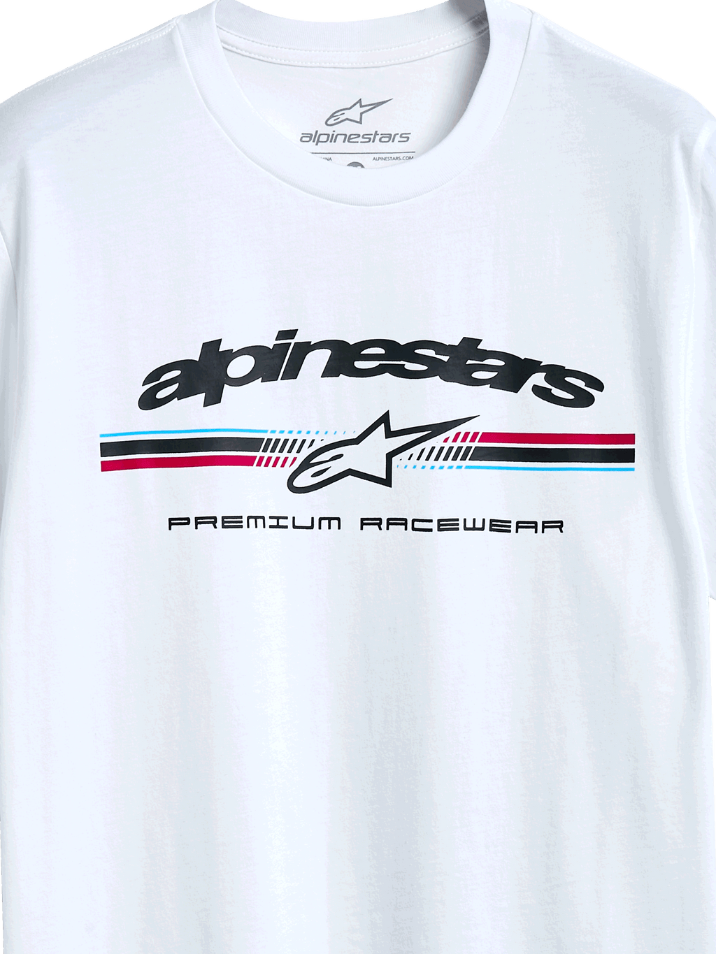 Alpinestars Prevail CSF Tee, koszulka z krótkim rękawem, biała, logo z trójkolorowymi paskami w stylu paddock, ikona gwiazdy Alpinestars i napis „Premium Racewear”, casualowy design inspirowany sportami motorowymi