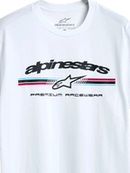 Alpinestars Prevail CSF Tee, koszulka z krótkim rękawem, biała, logo z trójkolorowymi paskami w stylu paddock, ikona gwiazdy Alpinestars i napis „Premium Racewear”, casualowy design inspirowany sportami motorowymi