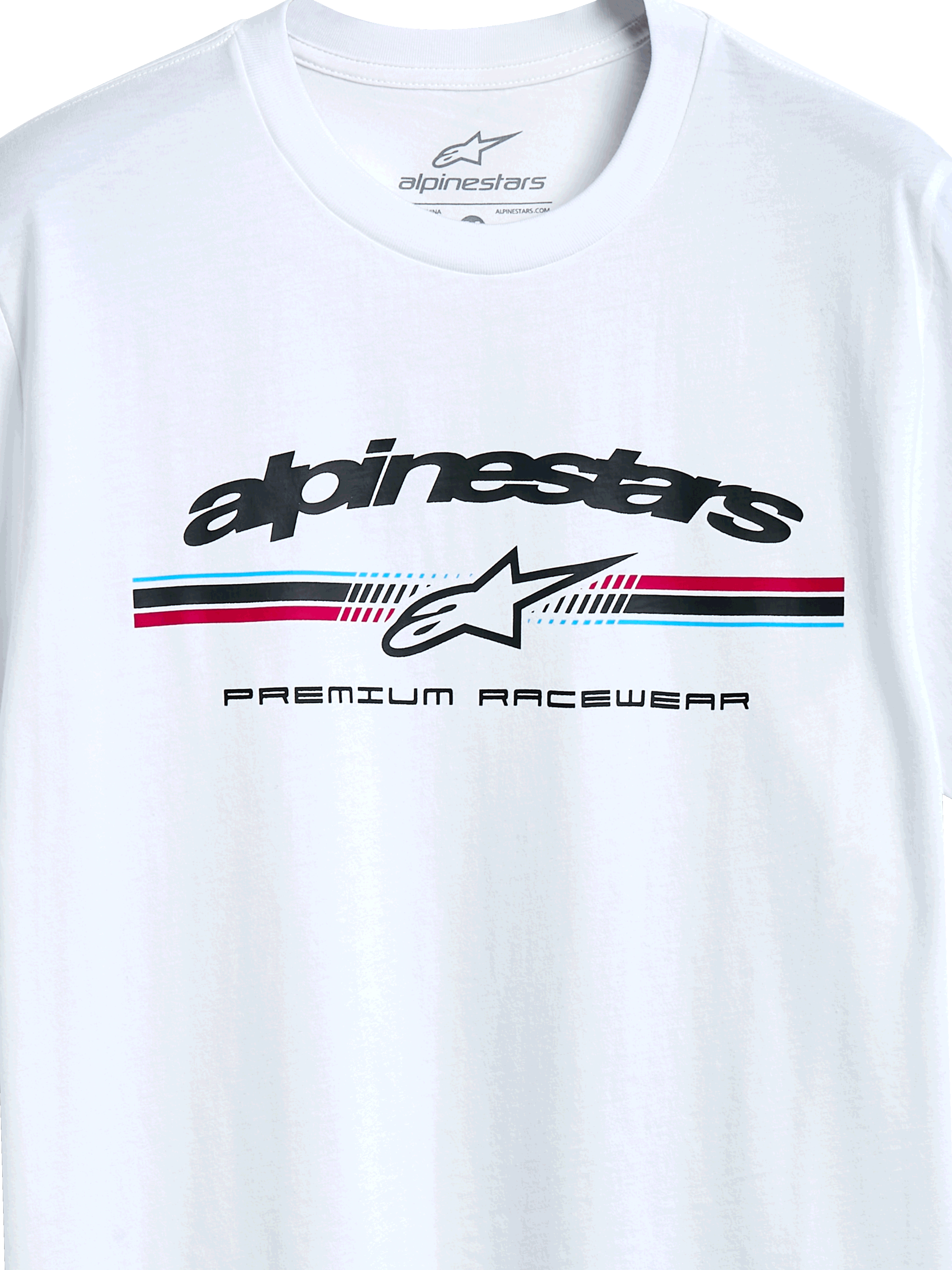 Alpinestars Prevail CSF Tee, koszulka z krótkim rękawem, biała, logo z trójkolorowymi paskami w stylu paddock, ikona gwiazdy Alpinestars i napis „Premium Racewear”, casualowy design inspirowany sportami motorowymi