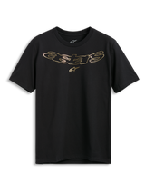Alpinestars Luxo CSF Tee, koszulka z krótkim rękawem, czarna, metaliczne złote logo Astars z symbolem gwiazdy na klatce piersiowej, codzienna odzież uliczna w stylu motorsportowym