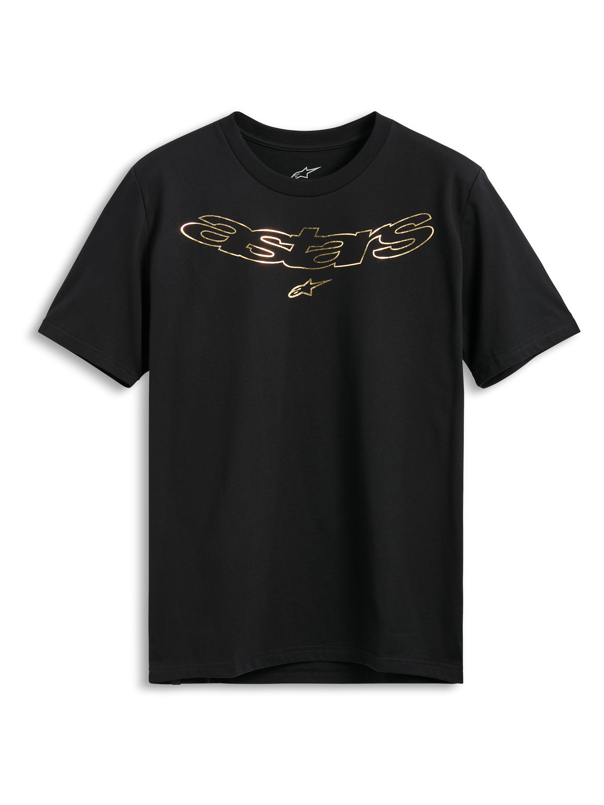Alpinestars Luxo CSF Tee, koszulka z krótkim rękawem, czarna, metaliczne złote logo Astars z symbolem gwiazdy na klatce piersiowej, codzienna odzież uliczna w stylu motorsportowym