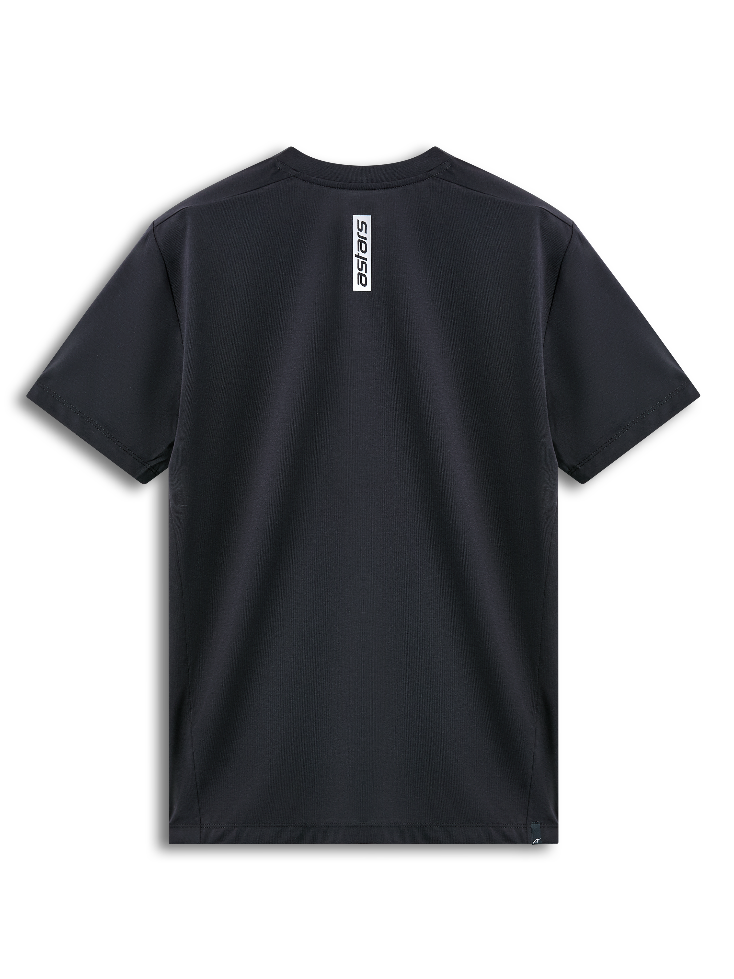 Alpinestars Point Performance Tee, t-shirt z krótkim rękawem, czarny, widok z tyłu z pionowym białym nadrukiem logo Astars na karku, odprowadzająca wilgoć odzież sportowa