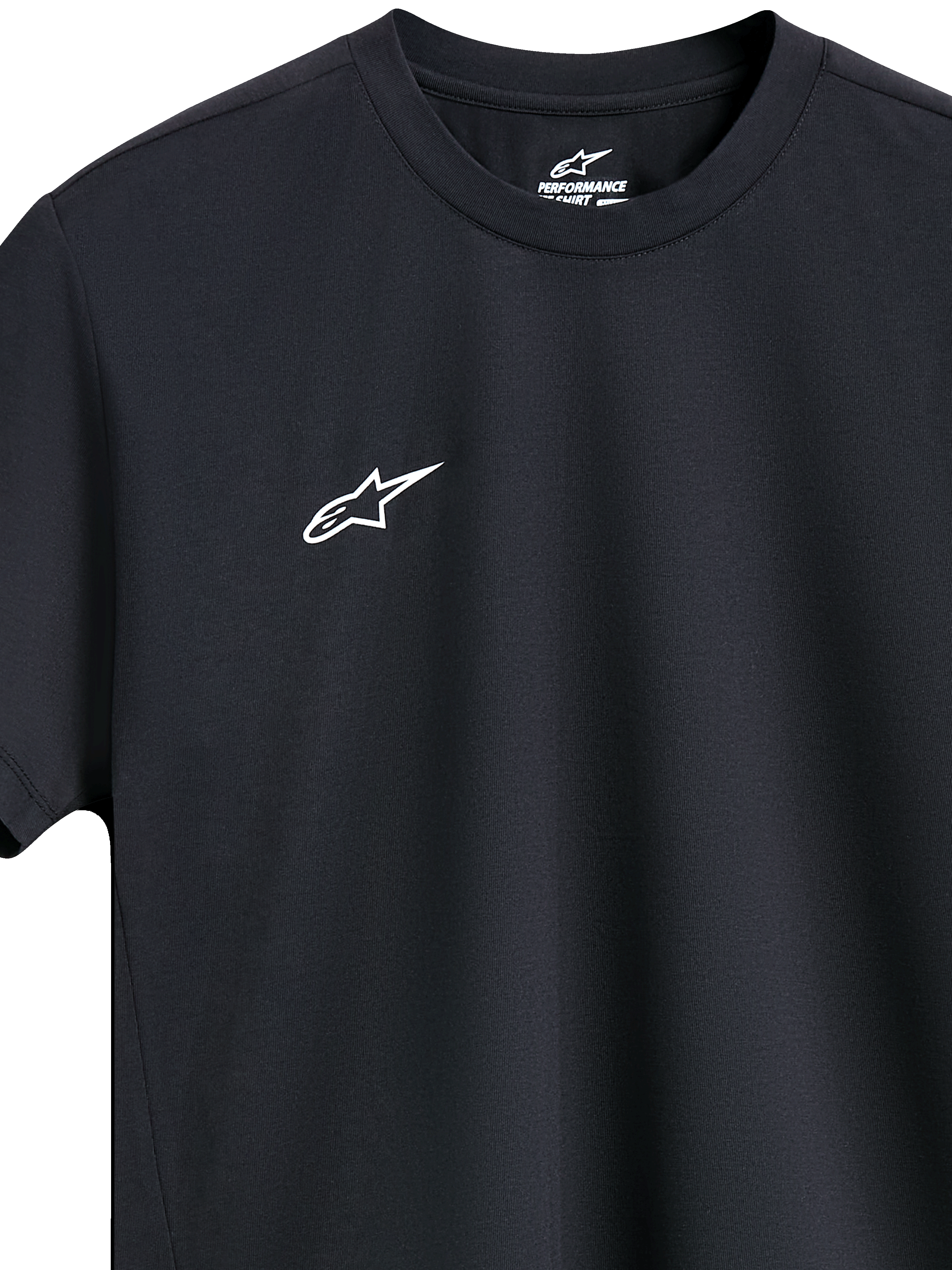 Alpinestars Point Performance Tee, koszulka sportowa z krótkim rękawem, czarna, małe białe logo na piersi, okrągły dekolt, zrównoważony design sportowy