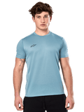 Alpinestars Point Performance Tee, Short Sleeve T-Shirt, Ice Blue, featuring a small black logo on the chest, worn by a model with black shorts, casual performance sportswear