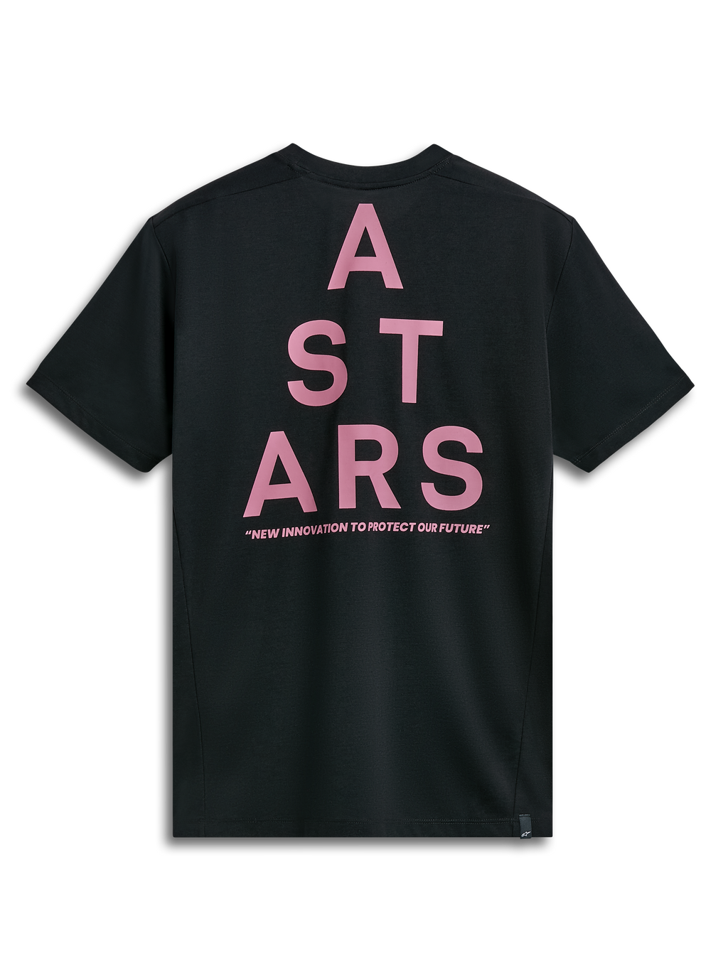 Alpinestars Attrition Performance Tee, Short Sleeve T-Shirt, Black, back view featuring a large pink ASTARS block graphic and 'NEW INNOVATION TO PROTECT OUR FUTURE' text, sustainable performance sportswear