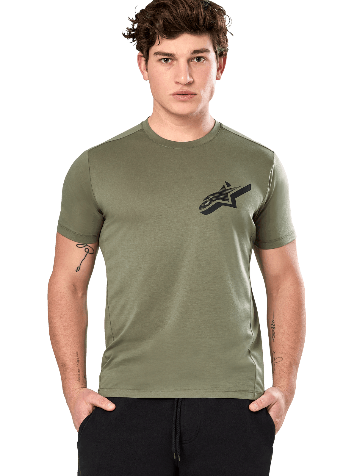 Alpinestars Attrition Performance Tee, Short Sleeve T-Shirt, Light Green, black Astars logo on chest, performance wicking fabric, model wearing with black pants, casual sportswear