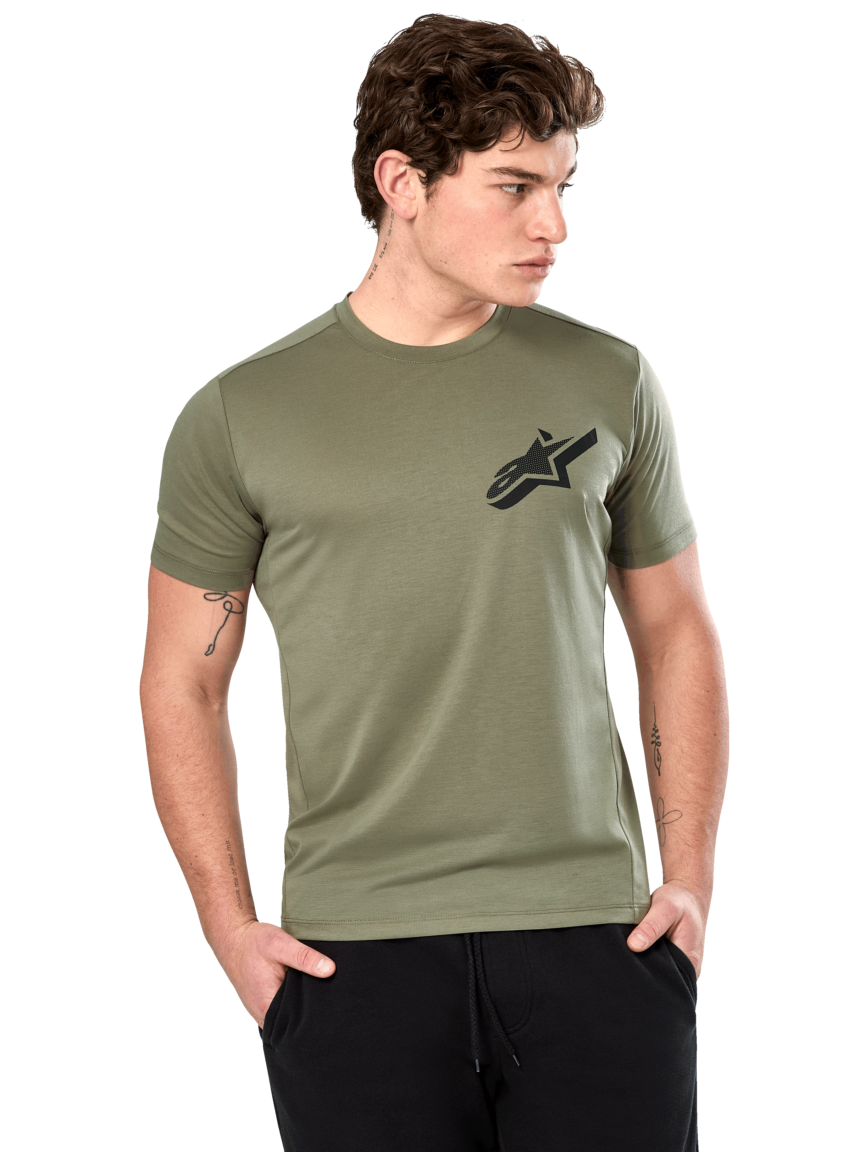 Alpinestars Attrition Performance Tee, Short Sleeve T-Shirt, Light Green, black Astars logo on chest, worn by model with black pants, casual performance sportswear