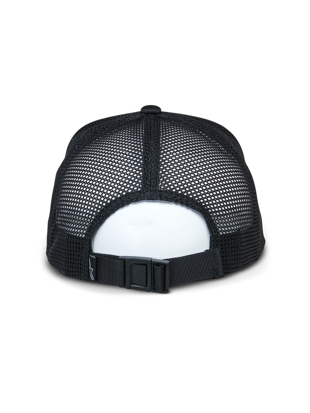 Alpinestars Alter Trucker Hat, czarna, widok z tyłu pokazujący oddychające panele z siatki z recyklingu i regulowane zapięcie na klamrę, sportowe akcesorium