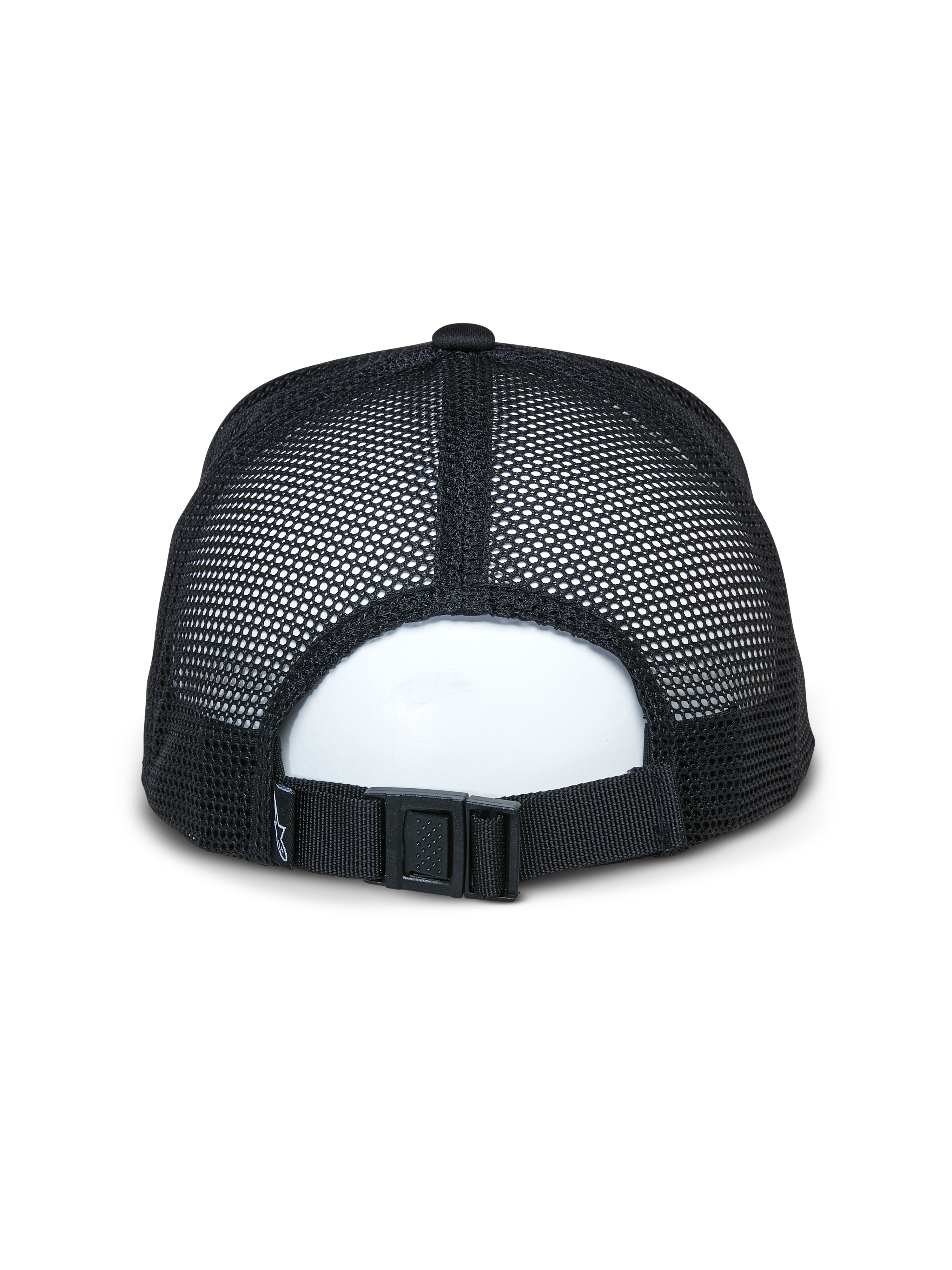 Alpinestars Alter Trucker Hat, czarna, widok z tyłu pokazujący oddychające panele z siatki z recyklingu i regulowane zapięcie na klamrę, sportowe akcesorium