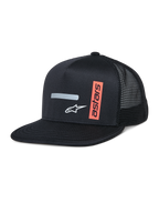 Alpinestars Alter Trucker Hat, czarna czapka typu trucker z usztywnioną koroną i płaskim daszkiem, oddychający tył z siateczki, z poziomym szarym odblaskowym paskiem, białym logo A-star i pionową pomarańczową grafiką astars, codzienna odzież streetwearowa inspirowana sportami motorowymi