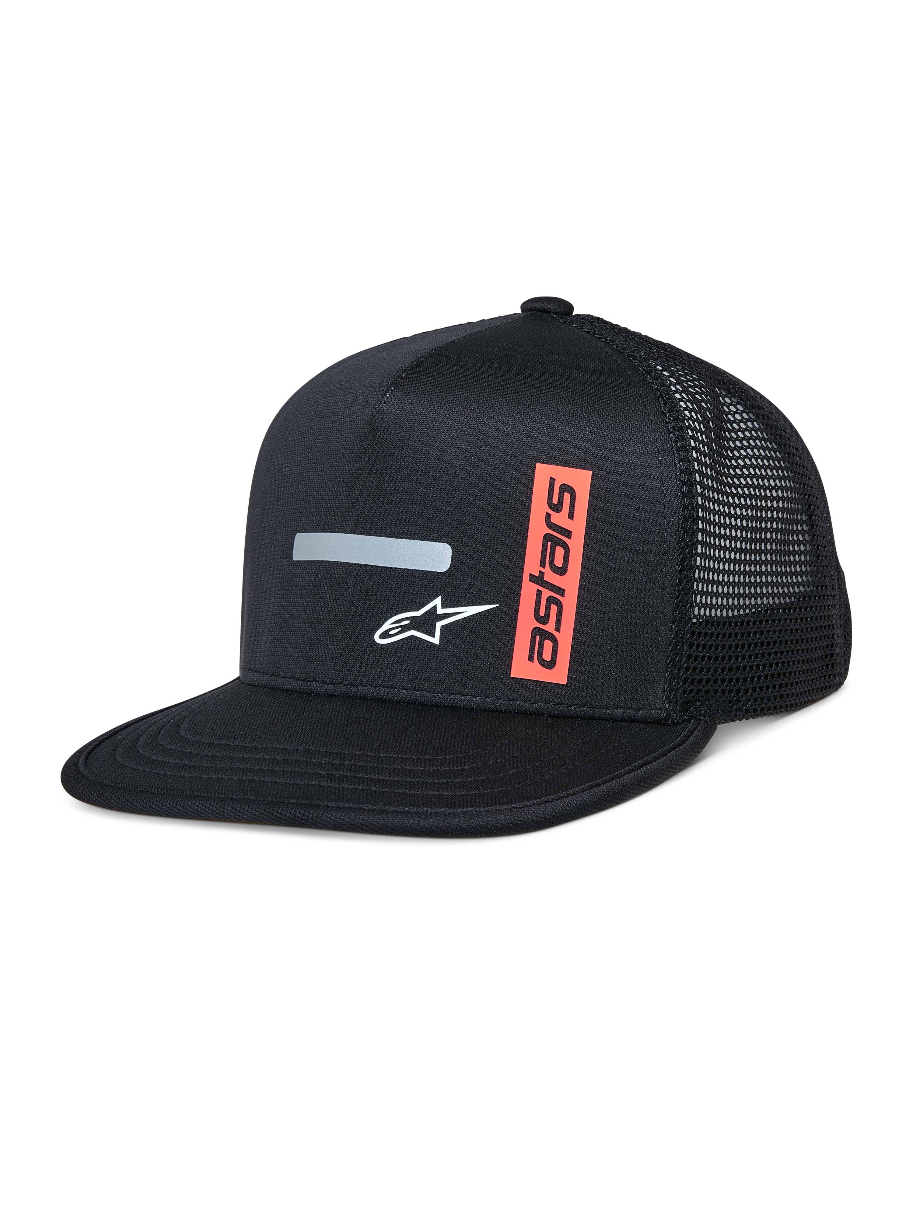 Alpinestars Alter Trucker Hat, czarna czapka typu trucker z usztywnioną koroną i płaskim daszkiem, oddychający tył z siateczki, z poziomym szarym odblaskowym paskiem, białym logo A-star i pionową pomarańczową grafiką astars, codzienna odzież streetwearowa inspirowana sportami motorowymi