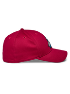 Alpinestars Elemental Hat, Red baseball cap, side profile view showing curved bill and structured crown, stretch twill fabric, casual motorsport sportswear