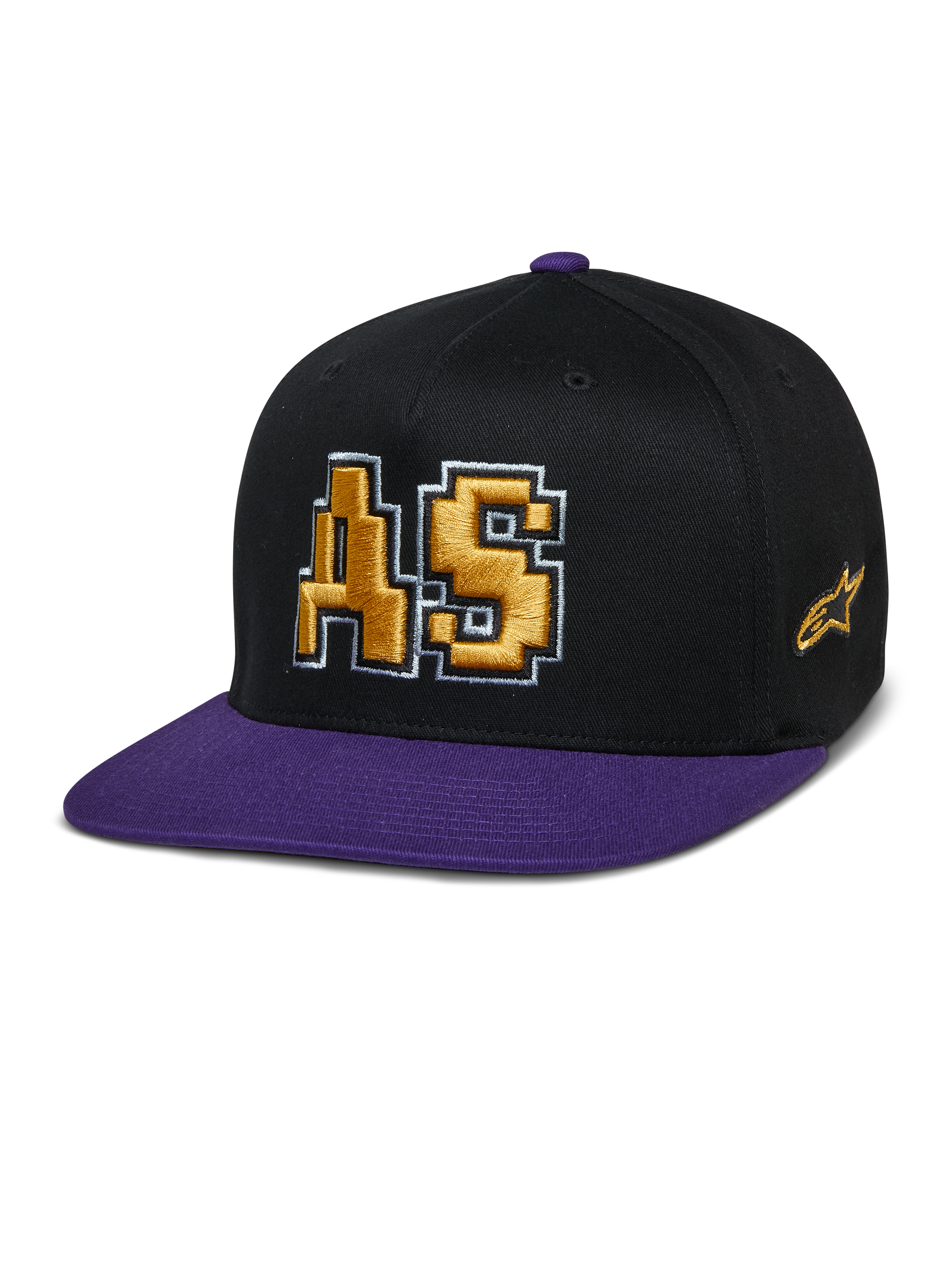 Alpinestars Franchise Hat, czapka z płaskim daszkiem, czarno-fioletowa, złote haftowane logo AS 3D z białym konturem, fioletowy daszek i guzik na górze, usztywniona konstrukcja Flex Fit