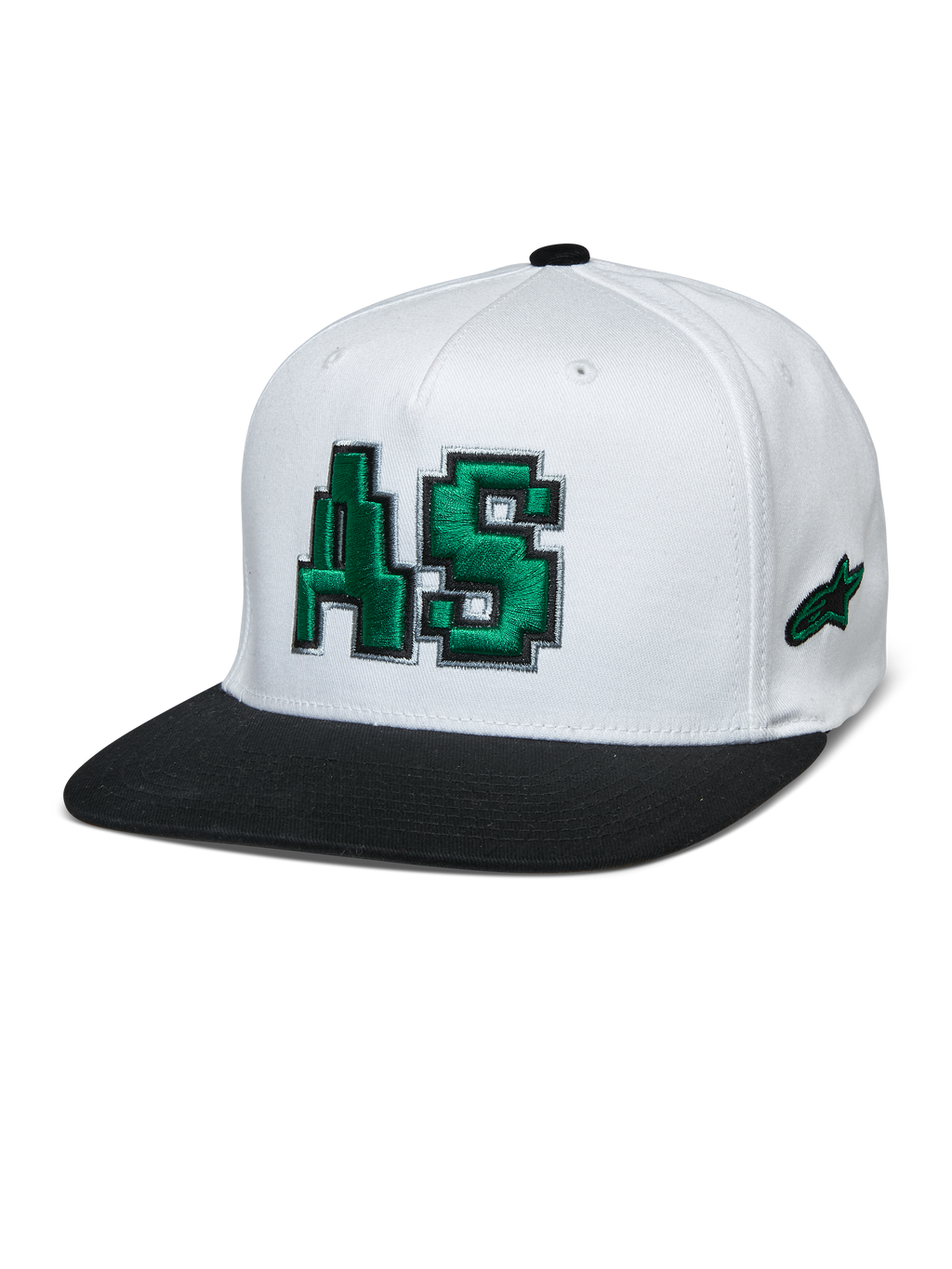 Alpinestars Franchise Hat, biała czapka z czarnym płaskim daszkiem, zielone haftowane logo AS 3D, bejsbolówka z elastycznym tyłem, lifestyle'owe nakrycie głowy motorsport