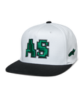 Alpinestars Franchise Hat, biała czapka z czarnym płaskim daszkiem, zielone haftowane logo AS 3D, bejsbolówka z elastycznym tyłem, lifestyle'owe nakrycie głowy motorsport