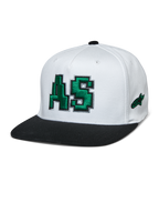 Alpinestars Franchise Hat, biała czapka z czarnym płaskim daszkiem, zielone haftowane logo AS 3D, bejsbolówka z elastycznym tyłem, lifestyle'owe nakrycie głowy motorsport