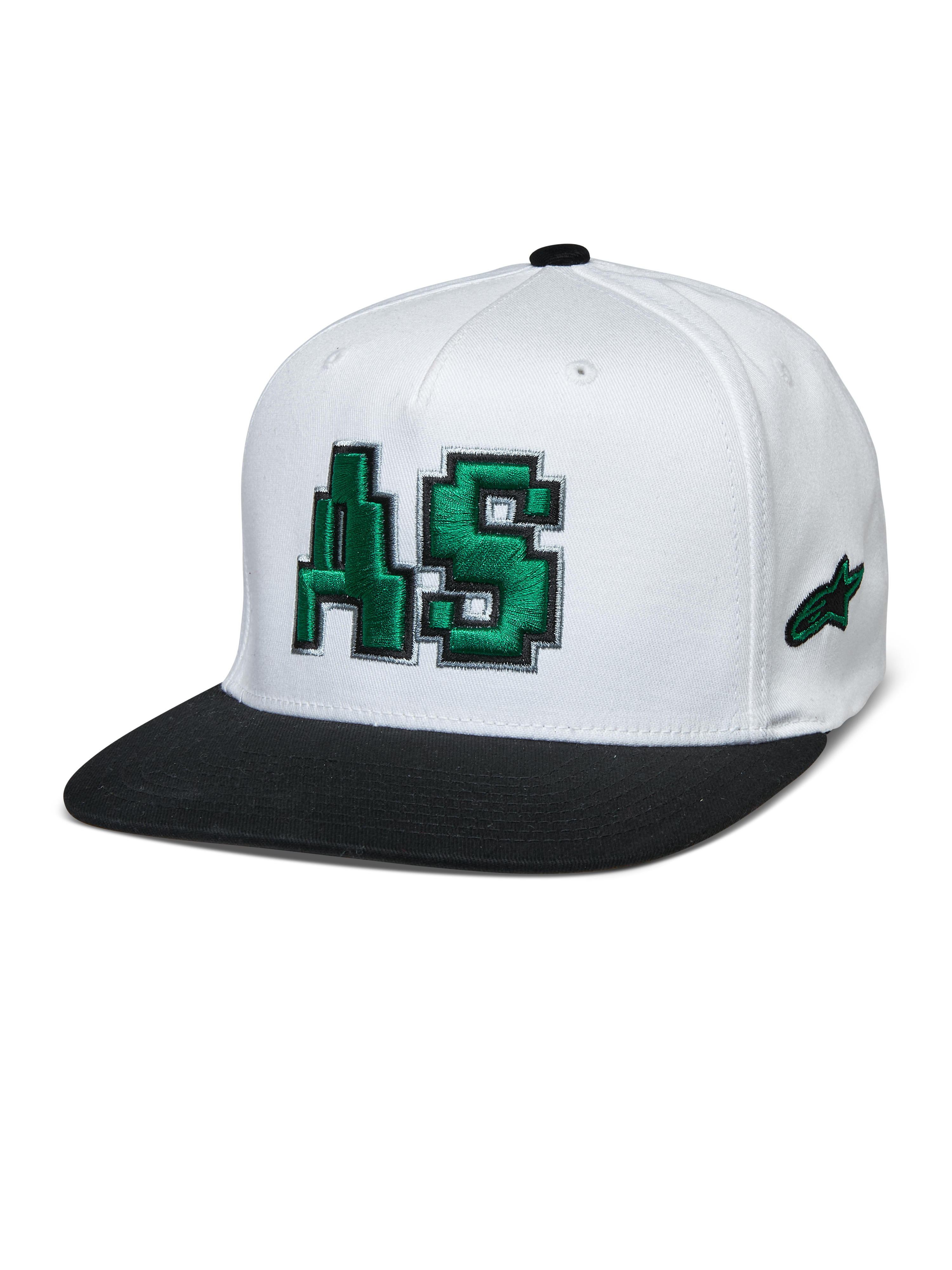 Alpinestars Franchise Hat, biała czapka z czarnym płaskim daszkiem, zielone haftowane logo AS 3D, bejsbolówka z elastycznym tyłem, lifestyle'owe nakrycie głowy motorsport