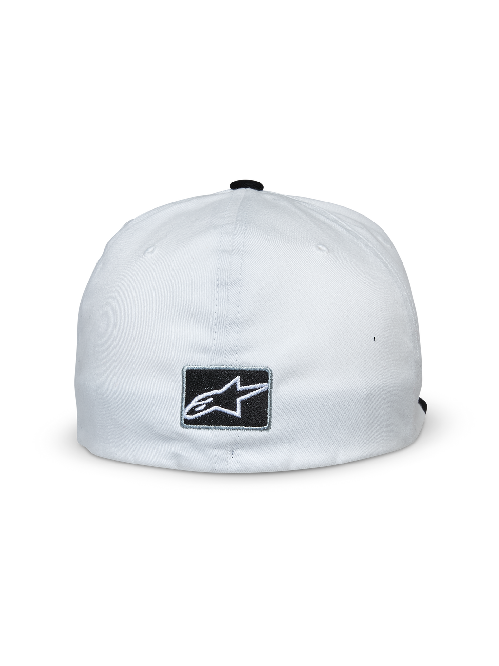 Czapka Alpinestars Franchise, biało-czarna, widok z tyłu z czarną prostokątną naszywką i białym logo gwiazdy Alpinestars, elastyczny tył, codzienne nakrycie głowy inspirowane sportami motorowymi