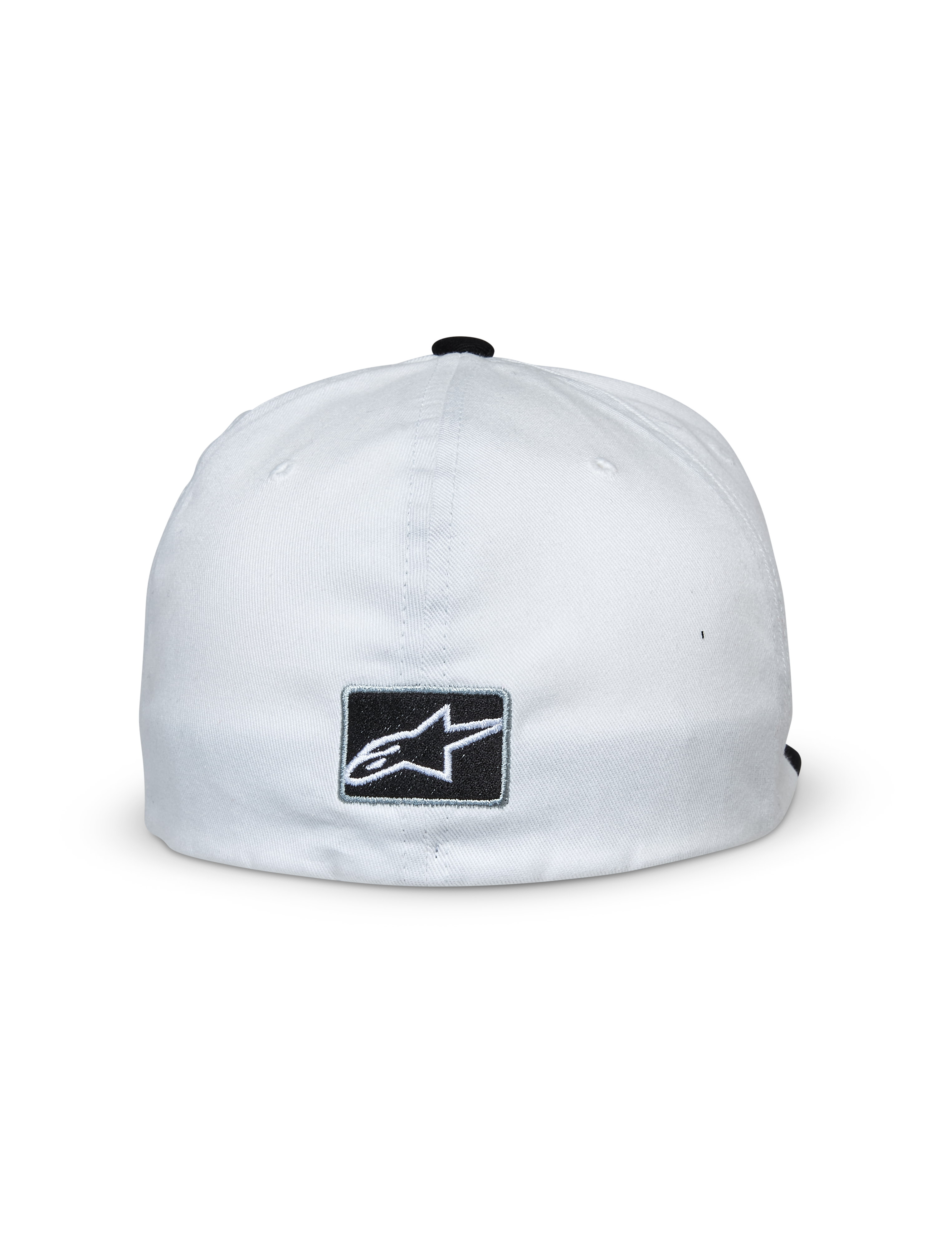 Czapka Alpinestars Franchise, biało-czarna, widok z tyłu z czarną prostokątną naszywką i białym logo gwiazdy Alpinestars, elastyczny tył, codzienne nakrycie głowy inspirowane sportami motorowymi