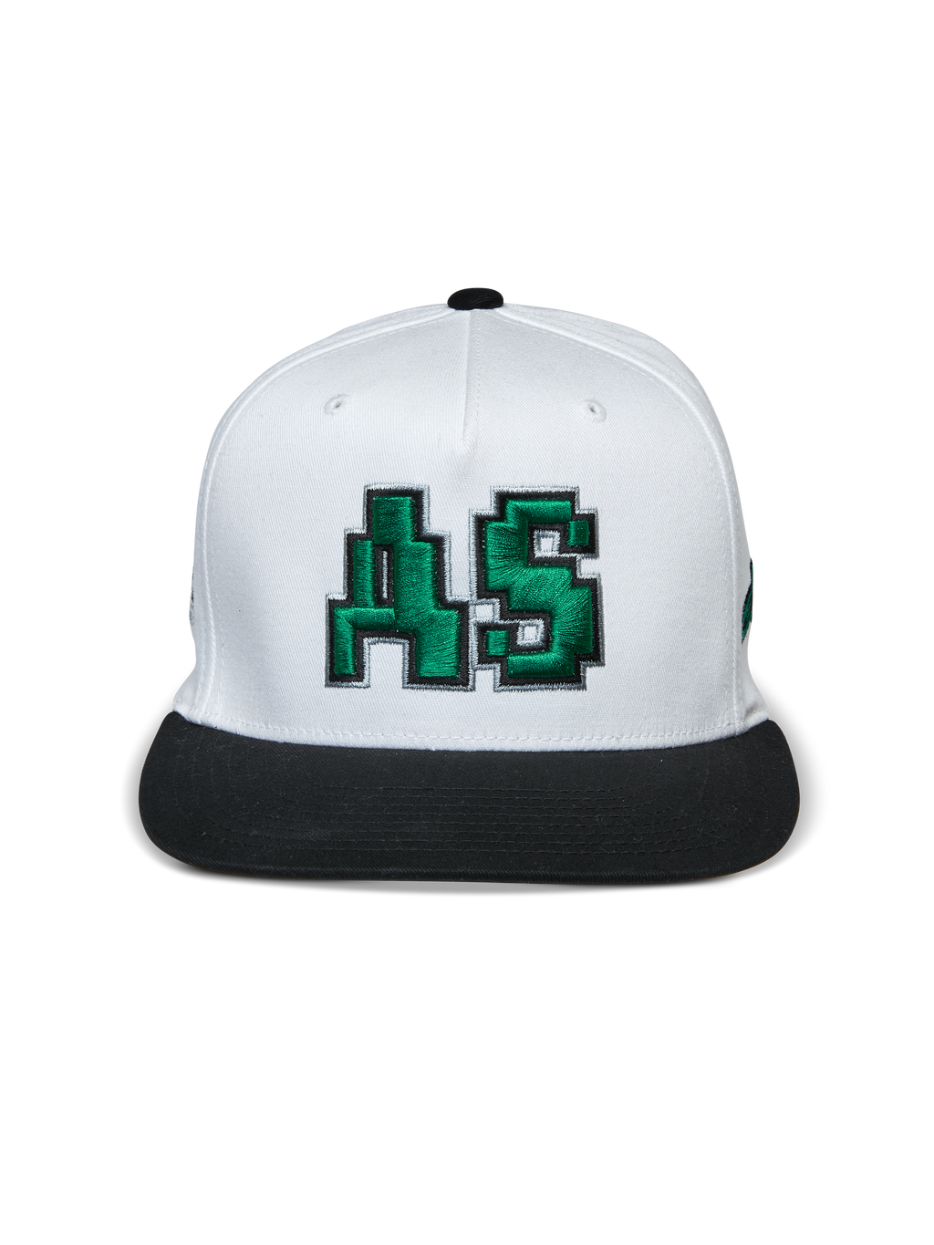 Czapka Alpinestars Franchise, czapka z płaskim daszkiem, biało-czarna, zielone haftowane logo 3D AS z przodu, usztywniona korona z czarnym płaskim daszkiem, codzienne nakrycie głowy inspirowane motorsportem