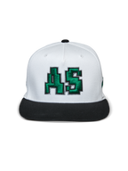 Czapka Alpinestars Franchise, czapka z płaskim daszkiem, biało-czarna, zielone haftowane logo 3D AS z przodu, usztywniona korona z czarnym płaskim daszkiem, codzienne nakrycie głowy inspirowane motorsportem