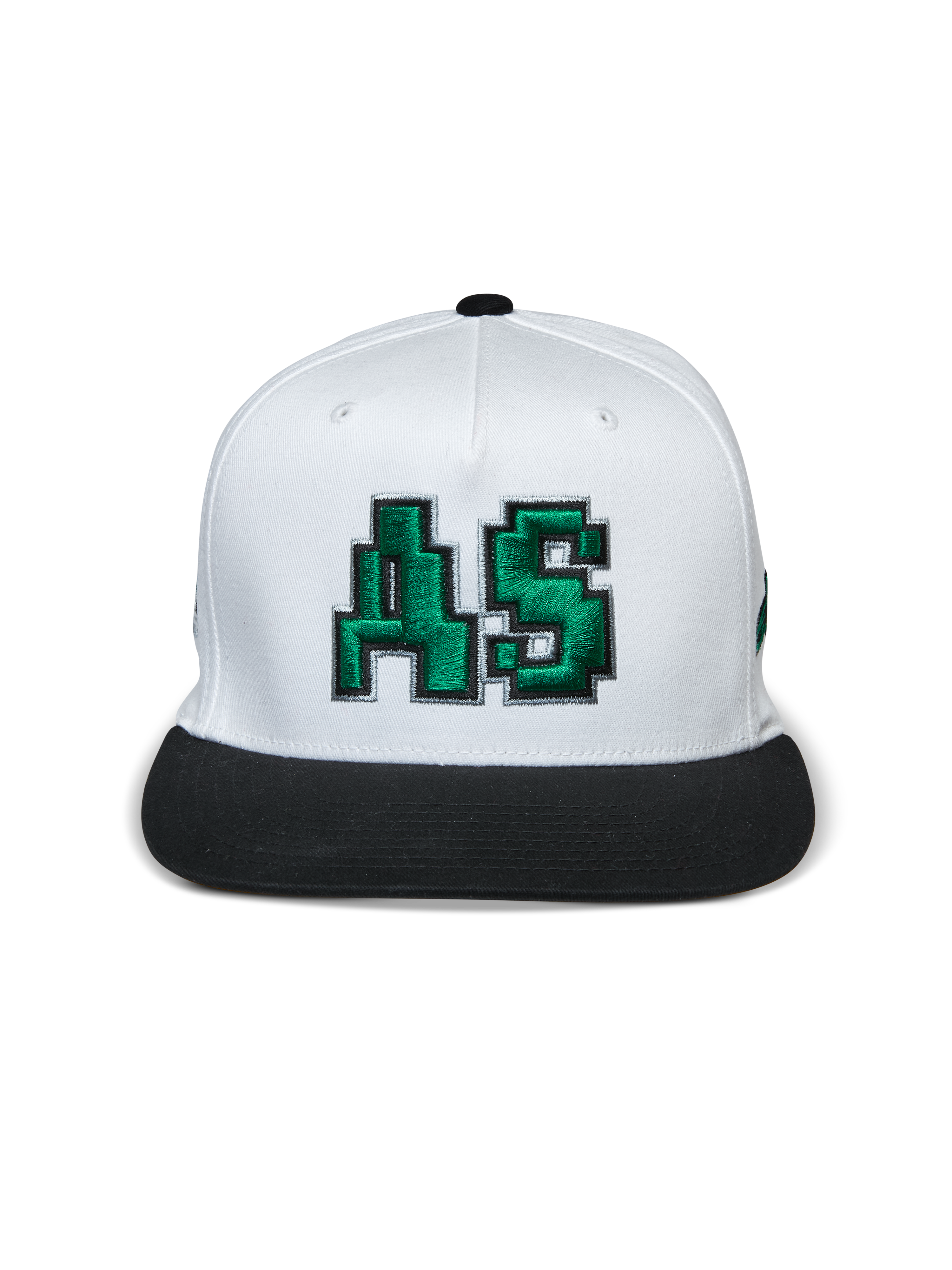Czapka Alpinestars Franchise, czapka z płaskim daszkiem, biało-czarna, zielone haftowane logo 3D AS z przodu, usztywniona korona z czarnym płaskim daszkiem, codzienne nakrycie głowy inspirowane motorsportem