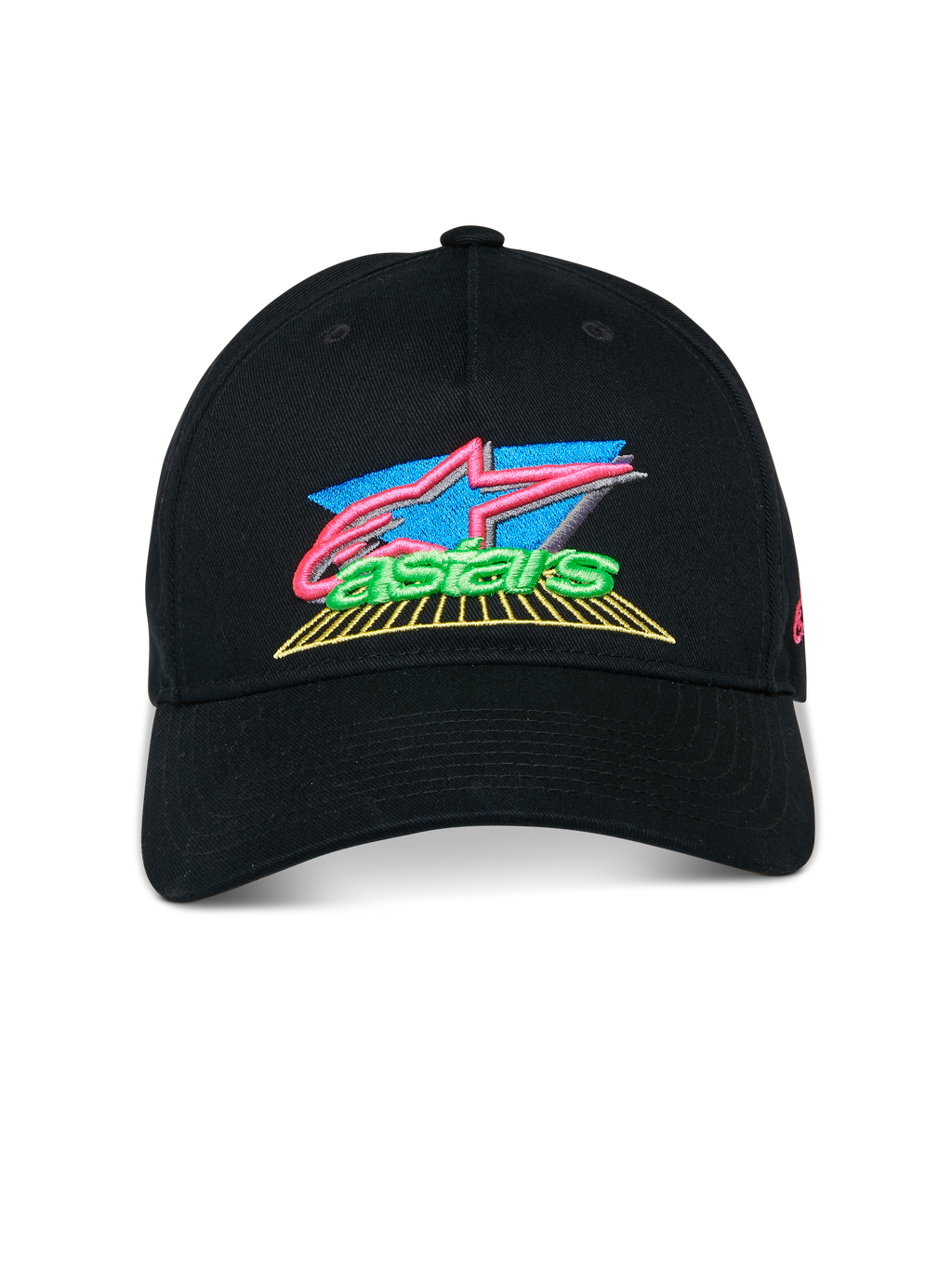 Alpinestars Vivid Hat, czarna czapka z daszkiem typu baseball, wyraziste haftowane logo 3D z różowymi, niebieskimi i zielonymi akcentami, półstrukturalna niska korona, casualowy styl motorsportowy