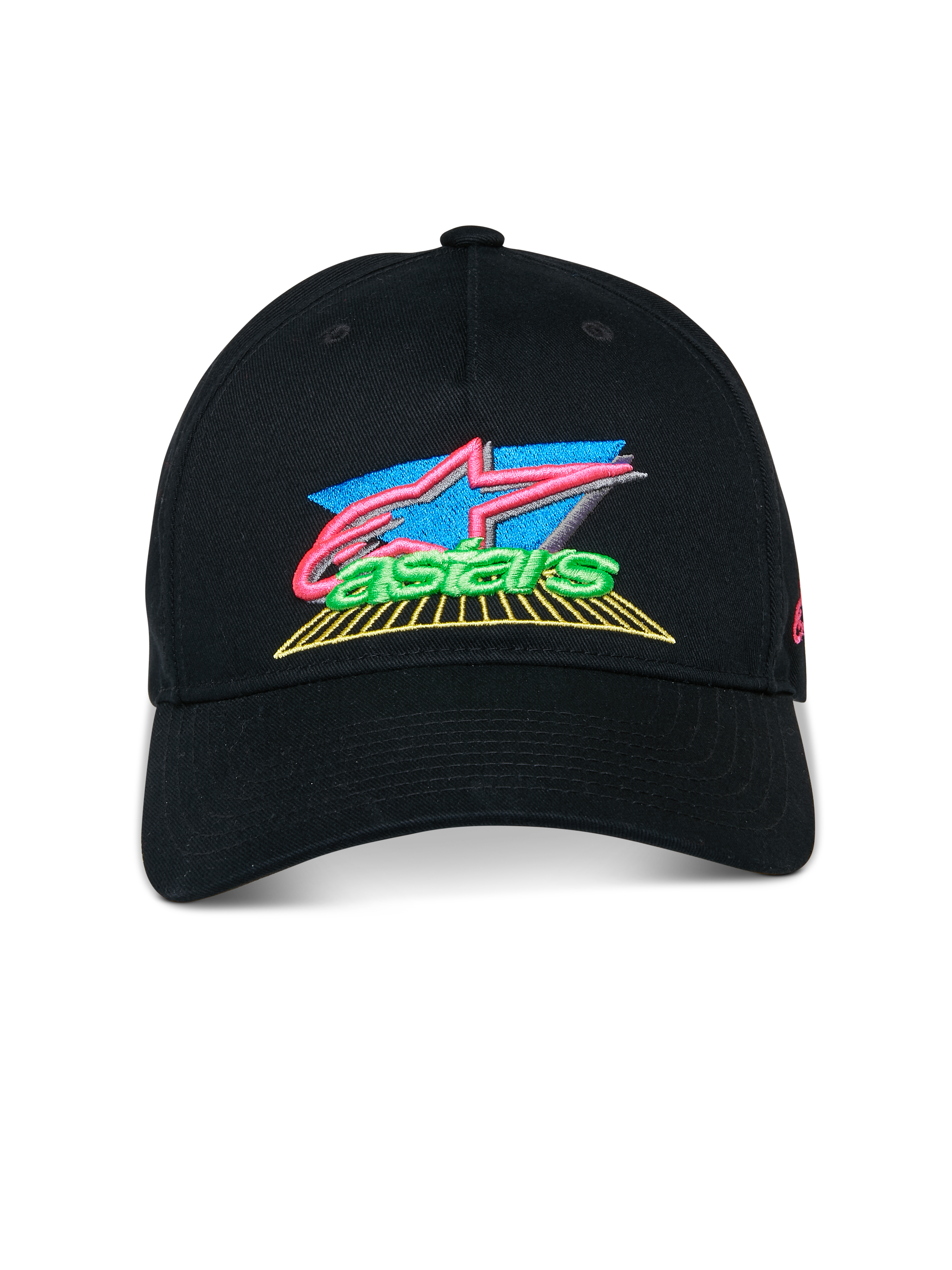 Alpinestars Vivid Hat, czarna czapka z daszkiem typu baseball, wyraziste haftowane logo 3D z różowymi, niebieskimi i zielonymi akcentami, półstrukturalna niska korona, casualowy styl motorsportowy