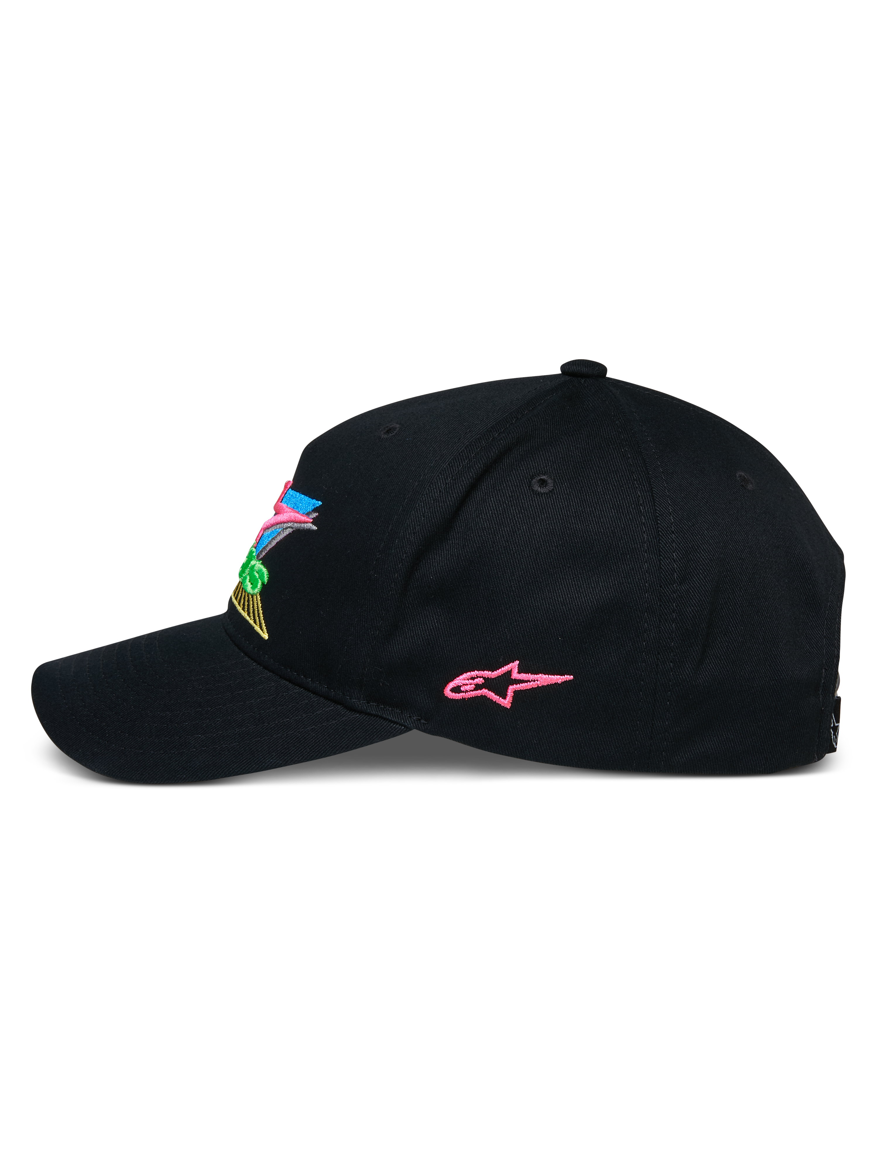 Alpinestars Vivid Hat, czarna czapka z daszkiem typu snapback, profil boczny z różowym haftowanym logo gwiazdy i kolorowym haftem 3D z przodu, zakrzywiony daszek, streetwearowy styl inspirowany motorsportem