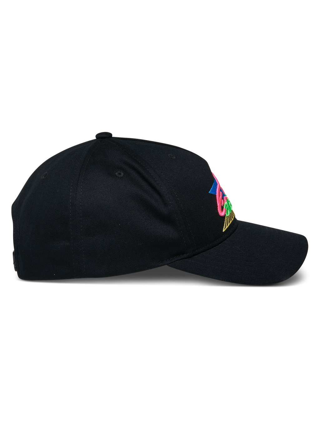 Alpinestars Vivid Hat, czarna czapka z daszkiem, widok z boku z zakrzywionym daszkiem i półstrukturalną koroną, kolorowe haftowane logo 3D z przodu, bawełniana tkanina z kepru, styl streetwear