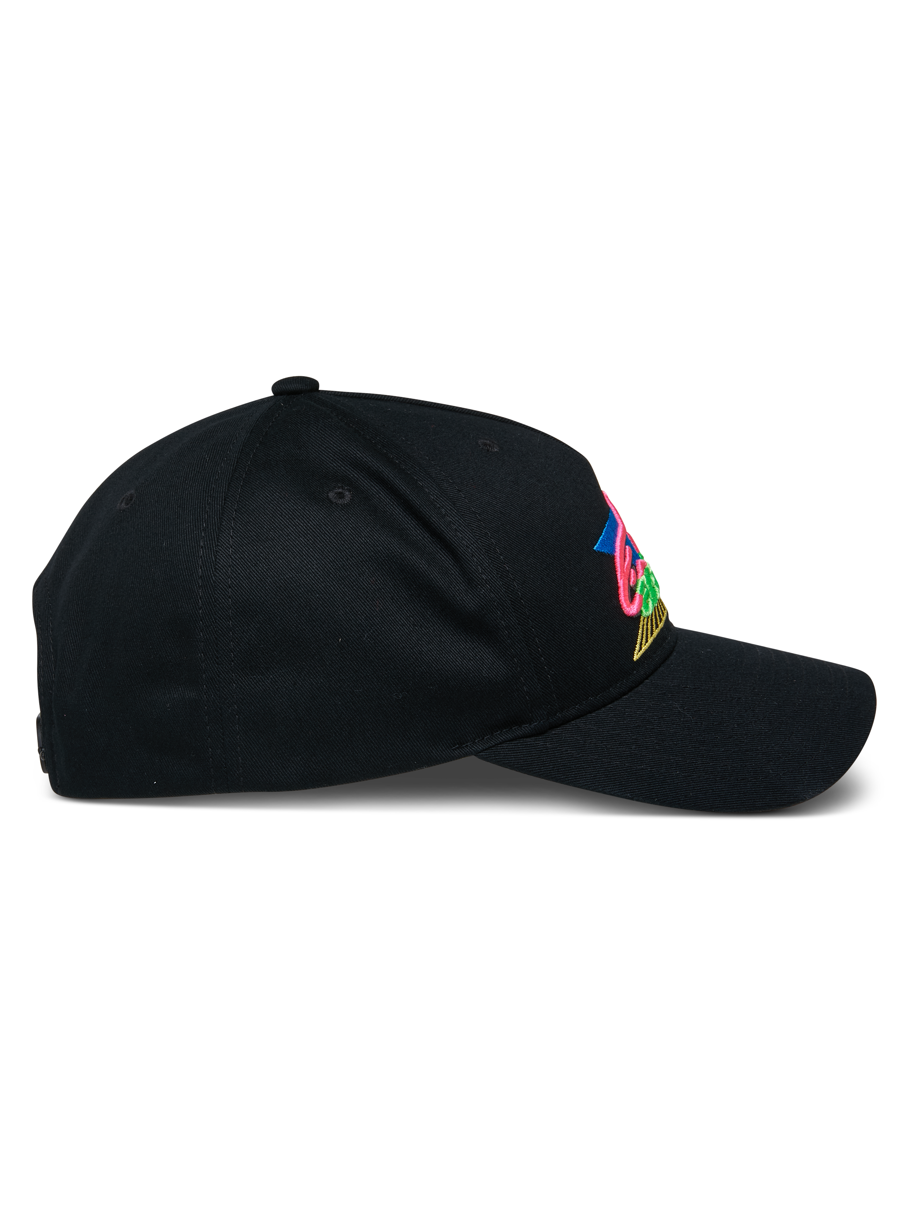 Alpinestars Vivid Hat, czarna czapka z daszkiem, widok z boku z zakrzywionym daszkiem i półstrukturalną koroną, kolorowe haftowane logo 3D z przodu, bawełniana tkanina z kepru, styl streetwear
